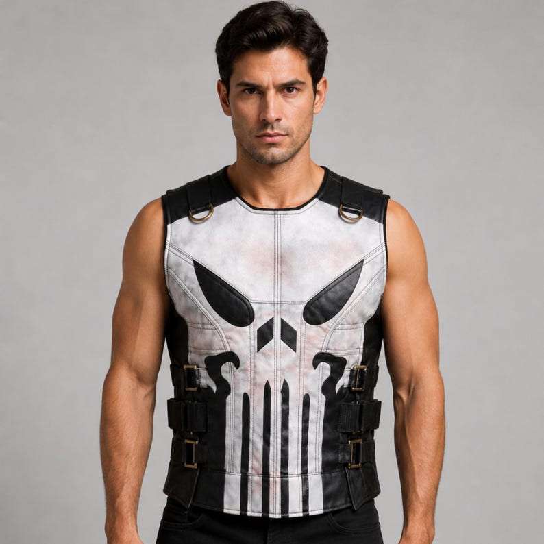 May include: A black and white vest featuring a skull design. The vest has black straps and buckles, and a white chest area with a large skull graphic. The vest is sleeveless and appears to be made of leather or a similar material.
