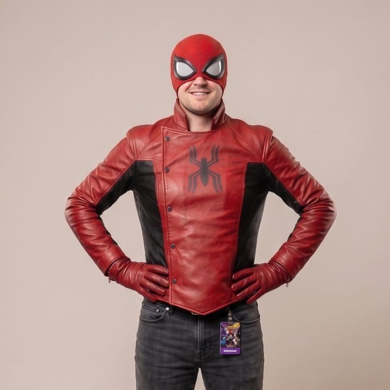 Puede incluir: Chaqueta de cuero roja y negra con un emblema de ara&ntilde;a negra, guantes a juego y una m&aacute;scara roja con detalles de ojos blancos. La chaqueta tiene un dise&ntilde;o asim&eacute;trico. La persona lleva vaqueros grises oscuros.