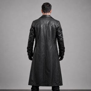 May include: A long, black leather coat with a classic design. The coat features a notched collar, multiple pockets, and a button closure. The sleeves have adjustable cuffs. The coat is worn over black gloves and pants.