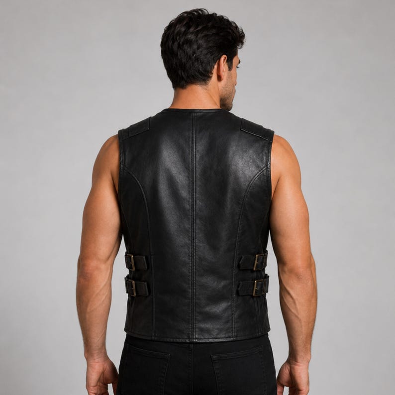 May include: Black leather vest with a V-neck design and three sets of buckles on each side. The vest has a tailored fit and is sleeveless. The back of the vest features vertical stitching details.