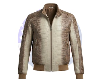 Luxury Crocodile Leather Jacket Mens, Animal Print Bomber Jacket, Streetwear Leather Jacket, Mens Clothing Host Gift