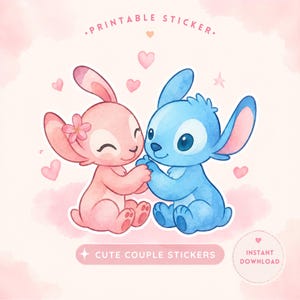 May include: A watercolor illustration of a cute couple of cartoon characters, one pink and one blue, holding hands. The pink character has a flower on its ear. The image includes the text ".PRINTABLE STICKER." and "CUTE COUPLE STICKERS."
