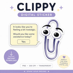 Peut inclure: Autocollant numérique avec un trombone violet de dessin animé souriant. Le texte "CLIPPY DIGITAL STICKER" est en haut. Une bulle de dialogue demande : "Voulez-vous de l'aide aujourd'hui ?" avec un bouton "Oui".
