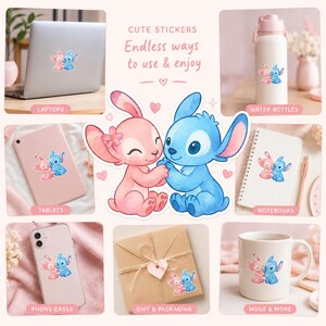 May include: A collage showcasing stickers featuring a pink and blue cartoon couple. The stickers are displayed on a laptop, tablet, water bottle, notebook, phone case, gift packaging, and mug. Text reads "Cute Stickers" and "Endless ways to use & enjoy."