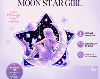 Moon Star Girl PNG Sticker - Dreamy Aesthetic Celestial Sticker - Cute Sticker Transparent PNG - Digital Planner Sticker (Digital Download)