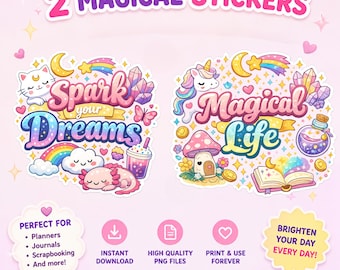 Magical Duo Sticker Bundle PNG | Cute Kawaii Pastel Stickers | Spark Your Dreams | Digital Download Planner Stickers | Scrapbook Deco