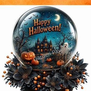 May include: A glass snow globe featuring a dark scene with a haunted house, pumpkins, and a ghost, with the text Happy Halloween. The base is decorated with dark flowers and orange berries. The globe sits on a circular black stand.