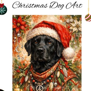 Black Lab Christmas Oil Painting Print | Boho Hippie Dog Art | Printable Wall Art | Digital Download | Dog Lover Gift | 5x7 | 8x10