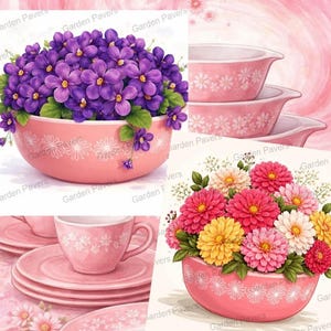 May include: A digital collection titled 27 Vintage Bowl Designs featuring pink bowls and teacups with white daisy patterns. The images display bowls filled with purple violets or pink, yellow, and white chrysanthemums, alongside stacked pink plates.