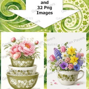 May include: A digital collection of 32 Jpg and 32 Png images featuring illustrations of stacked green and white floral patterned bowls filled with pink peonies and a white floral patterned teacup filled with a colourful spring flower bouquet.