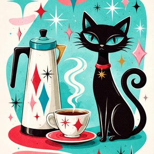 Peut inclure: Illustration rétro d'un chat noir aux yeux bleus, avec un collier rouge et une étoile dorée. Une cafetière blanche avec des losanges rouges et bleus, une tasse de café et des éclats d'étoiles sur fond turquoise.