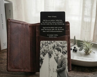 Portafoglio in metallo personalizzato con foto, ricordo personalizzato con incisione, regalo di anniversario per il marito.