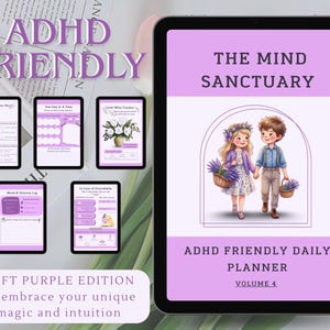 Puede incluir: Un planificador diario digital apto para TDAH titulado The Mind Sanctuary Volume 4, con un esquema de color púrpura y una ilustración de dos niños con cestas de lavanda. El planificador incluye múltiples diseños de página para realizar un seguimiento de tareas, estados de ánimo y necesidades sensoriales, presentado en una pantalla de tableta con vistas previas de páginas adicionales.