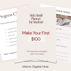 May include: A stack of three cream-colored planner pages with text in a dark red font. The central page reads "Make Your First $100" and "Side Hustle Planner for Students." Other pages include checklists and prompts. The bottom of the image reads "Monix Digital Hub."