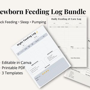 May include: A set of printable newborn feeding logs. The bundle includes a daily feeding and care log, a night feeding log, and a pumping log. The logs are editable in Canva and include sections for tracking feeding, sleep, and pumping.