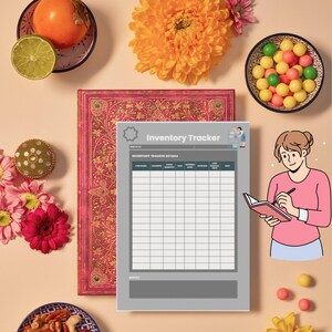Könnte beinhalten: Ein gedrucktes Inventar-Tracking-Blatt mit einer grauen Kopfzeile mit der Aufschrift Inventory Tracker, das Spalten für Artikelname, Kategorie, Lagerbestand, Einheit, Einkaufspreis, Lieferant, letztes Auffülldatum und Datum sowie einen Notizbereich enthält.