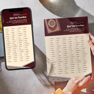 May include: A digital smartphone screen and a printed paper sheet both displaying a Qur'an Tracker with a maroon header, white text, and a list of surahs with circular checkboxes for progress tracking, featuring an illustration of a book cover.