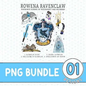May include: A digital PNG bundle featuring Ravenclaw house elements. Includes the Ravenclaw crest, the diadem, a wand, an open book, and the text "PNG BUNDLE". The design is in shades of blue, gold, and white.