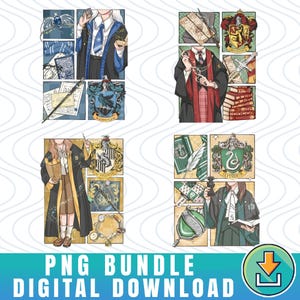 May include: Digital download graphic featuring four panels with illustrations of characters in Hogwarts uniforms. Each panel includes a house crest and related items like wands and scrolls. The text "PNG BUNDLE DIGITAL DOWNLOAD" is at the bottom.