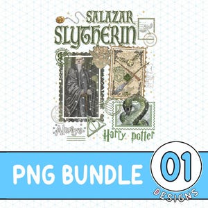 May include: A digital PNG bundle featuring a collage of vintage-style stamps and illustrations. The design includes the words "Salazar Slytherin" in green, a portrait, a snake, and the text "Always" and "Harry Potter". The bottom of the image has the text "PNG BUNDLE" and "01 Designs".