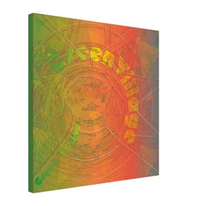 Può includere: Stampa su tela d'arte astratta con una vibrante tavolozza di colori verde, arancione e giallo. L'opera d'arte include la parola "Green" e altri testi, con un design di linee e forme che si intersecano.