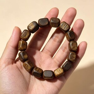 Natural Agarwood 9mm Rectangular Bead Bracelet | Handcrafted Faceted Cube Wood Beads | Single Loop Minimalist Design | Dense Grain Pattern