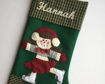 Christmas Stocking with Ice Skater, Stocking for Ice Skater, Girl Ice Skater Stocking, Ice Skater Stocking, Girl Stocking Personalized