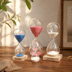 May include: Four glass hourglasses with coloured sand on wooden bases. One base is engraved with the name Charlotte, and another with the text Years pass, memories last. The sand colours include blue, pink, and white in various containers.