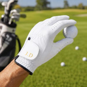 May include: White golf glove with black trim, holding a golf ball. The glove has small perforations and a personalized patch with the initials "J.D" in gold. Golf clubs and additional golf balls are visible in the background on a green golf course.