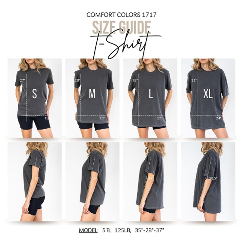 Size guide for Comfort Colors 1717 t-shirt in sizes S, M, L, XL, shown on model.