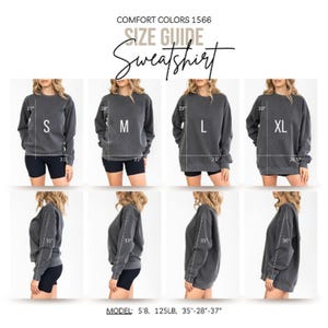 Size guide for Comfort Colors 1566 sweatshirt with models in sizes S, M, L, XL.