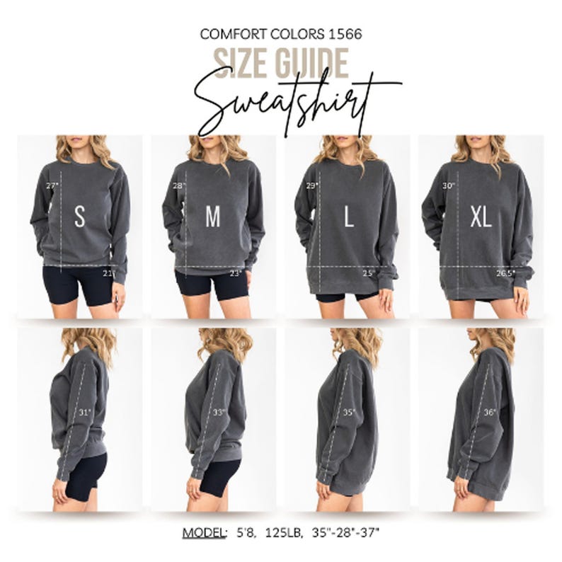 Size guide for Comfort Colors 1566 sweatshirt with models in sizes S, M, L, XL.