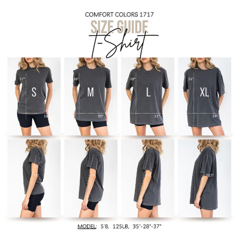 Comfort Colors 1717 t-shirt size guide with models wearing sizes S, M, L, XL.