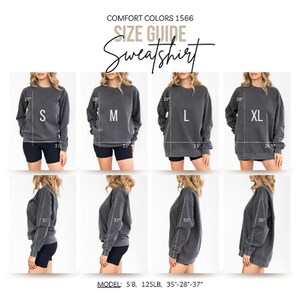 Comfort Colors 1566 sweatshirt size guide with models wearing sizes S, M, L, XL.