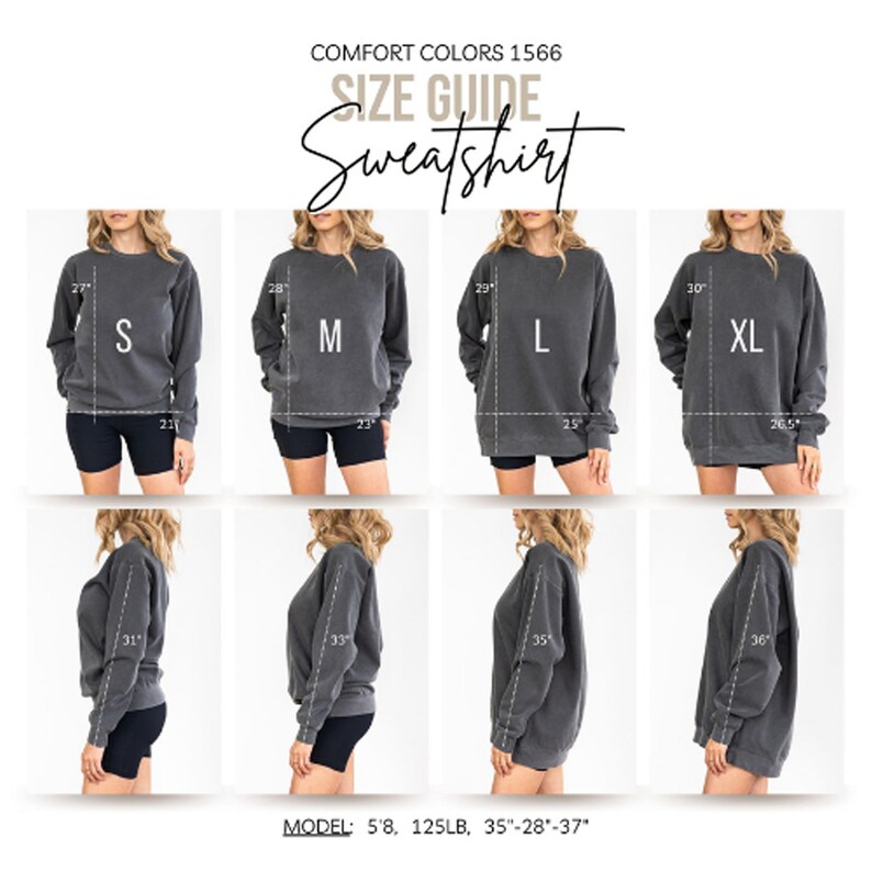 Comfort Colors 1566 sweatshirt size guide with models wearing sizes S, M, L, XL.