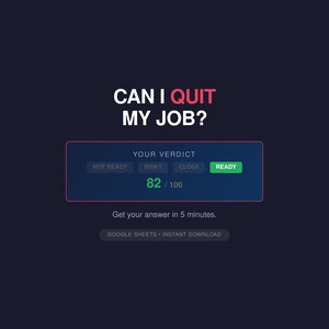 May include: A dark blue graphic with the question "CAN I QUIT MY JOB?" in white text. The answer is displayed in a rectangular box with the verdict "READY" highlighted in green, and a score of 82/100. The text "Get your answer in 5 minutes" is also included.