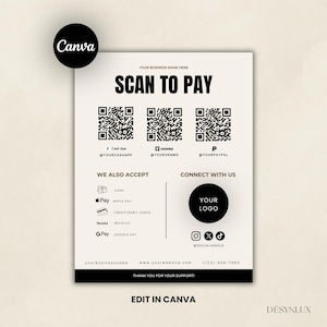 Pode incluir: Uma placa de pagamento retangular com o texto SCAN TO PAY, três códigos QR para Cash App, Venmo e PayPal, e uma seção para métodos de pagamento como Apple Pay, cartões de crédito e Google Pay. Inclui um espaço para logo e ícones sociais.