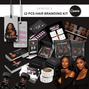 Puede incluir: Un kit de branding para cabello de 12 piezas con materiales impresos en negro y rosa, incluyendo etiquetas, tarjetas de visita, lista de precios, tarjeta de fidelidad, guía de cuidado, pegatinas circulares y una caja negra con el texto YOUR LOGO.
