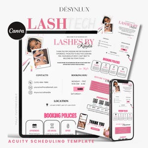 May include: A digital Acuity scheduling template for a lash technician business, featuring a white and pink color scheme. The layout includes sections for contact information, booking hours, and policies, with text reading LASHES BY Kayla.