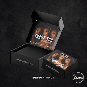 May include: A black cardboard shipping box with an open lid featuring a printed graphic of three individuals and the text THANK YOU for your purchase. A smaller matching black box sits in front with the text YOUR PACKAGE ARRIVED.