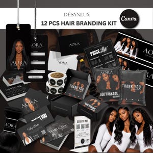 Puede incluir: Un kit de branding para cabello de 12 piezas con materiales impresos en blanco y negro que incluyen etiquetas, tarjetas de visita, tarjetas de fidelidad, pegatinas, lista de precios, cajas de envío y bolsas de agradecimiento con el logo AORA.