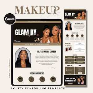 May include: A digital booking site template for a makeup artist titled Glam By Aaliyah. The layout features a black and beige colour scheme, photos of a person, text sections for booking policies, service lists, contact info, and business hours.