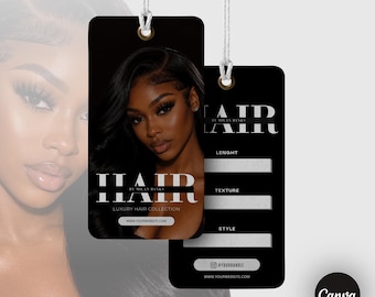 May include: Two rectangular black hang tags with white text and a metallic eyelet. The front features a portrait of a person with long dark hair and the text HAIR BY MILAN BANKS LUXURY HAIR COLLECTION. The back includes fields for LENGHT, TEXTURE, and STYLE.