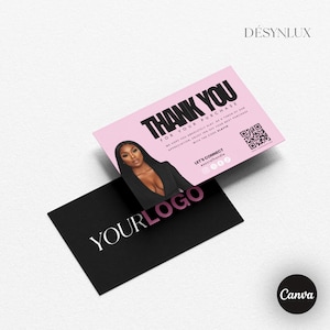 May include: A pink thank you card featuring a photograph of a person in a black blazer, the text THANK YOU FOR YOUR PURCHASE, a QR code, and social media icons, layered over a black card with the white and pink text YOUR LOGO and DÉSYNLUX.