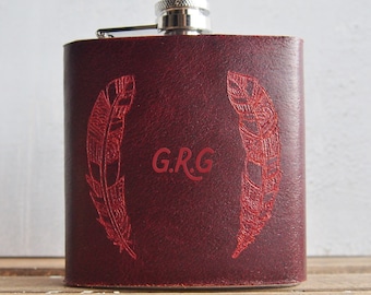 Initialled Feather Hip Flask, red leather, customised leather flask, Genuine Leather goods, bridesmaid gift, gifts for her