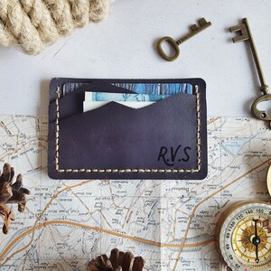 Cartera para tarjetas de senderismo, tarjetero de cuero personalizado, billetera cosida a mano, regalo del día del padre, tarjetero para novio montañista