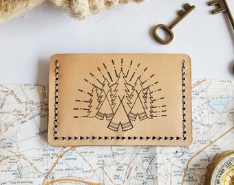 Camping Card Wallet, Personalised leather card holder, hand stitched wallet, fathers day gift, mountaineering boyfriend card holder