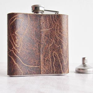 Three Peaks Leather Flask, Topography Hip Flask, Personalised Leather Whiskey Bottle topographic gift hiking flask mountain climbing gift image 7