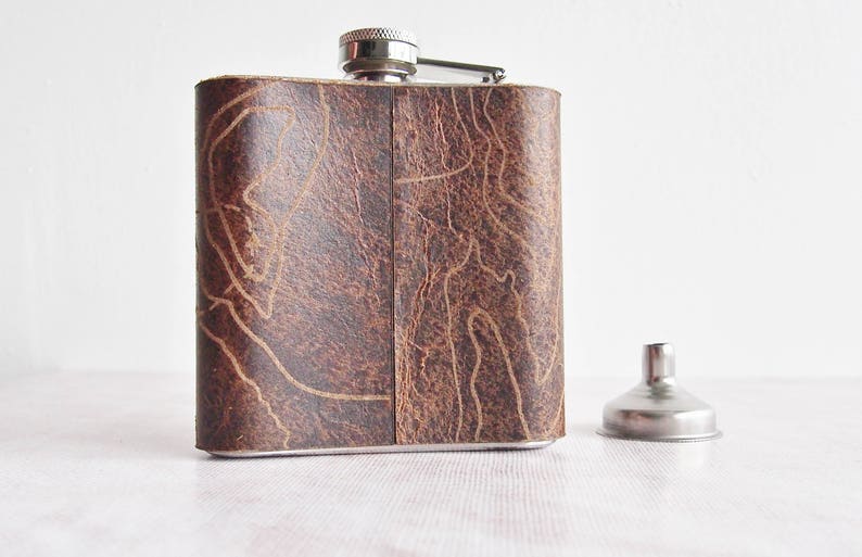 Three Peaks Leather Flask, Topography Hip Flask, Personalised Leather Whiskey Bottle topographic gift hiking flask mountain climbing gift image 7