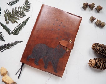 Leather Journal Cover with Bear & Butterfly Illustration - For Leuchtturm1917 Journals, Leather Notebook Slip, Personalised Journal Cover